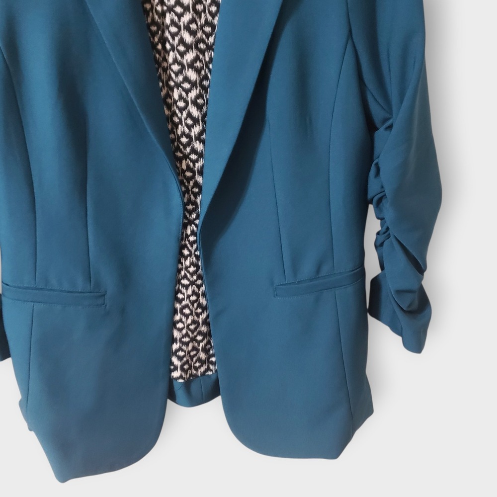 Skies Are Blue Raja Collarless Blazer Teal Ruched Sleeve Size Small Open Front - Picture 2 of 10